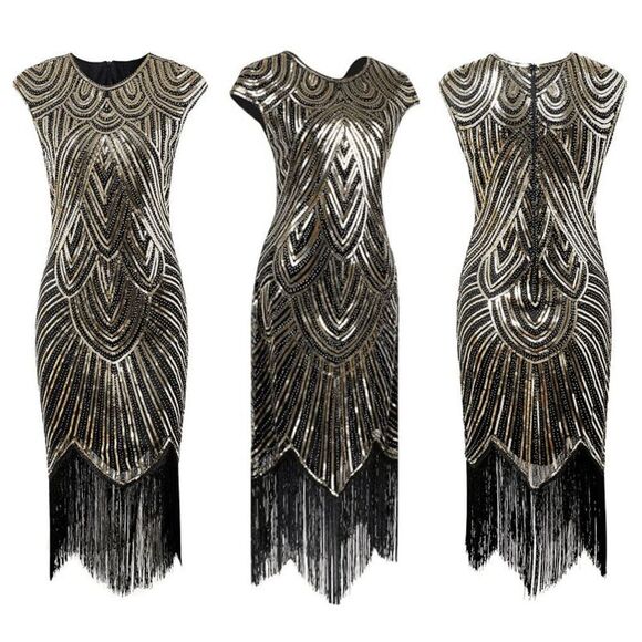 ✨ Flapper Great Gatsby 1920s Retro Tassel Fringe Gold Sequin Dress SIZE XL NEW - Picture 7 of 15